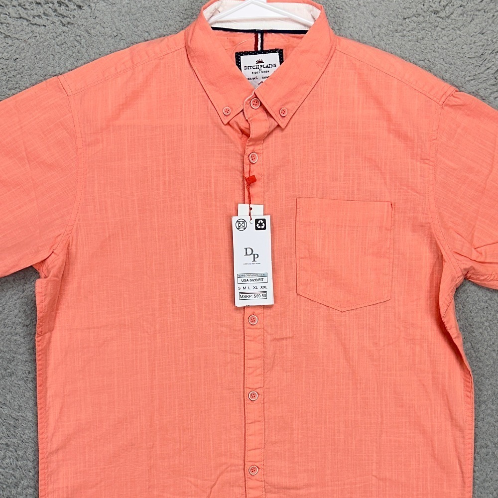 Ditch Plains Button Down Shirt Adult Large Salmon Pink Short Sleeve Mens NEW